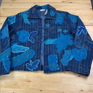 Chico’s Embroidered Appliqué Denim Cropped Jacket Blue Floral Size 0 Small